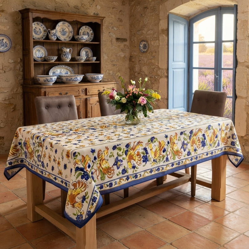 Nappe rectangle Faïence de Moustier bleu 300 x 150 cm polyester antitache et infroissable