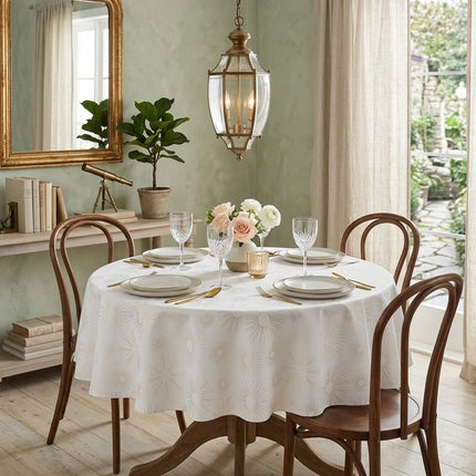 Nappe ronde 180 cm Pampille blanc et or Anti tache et Infroissable