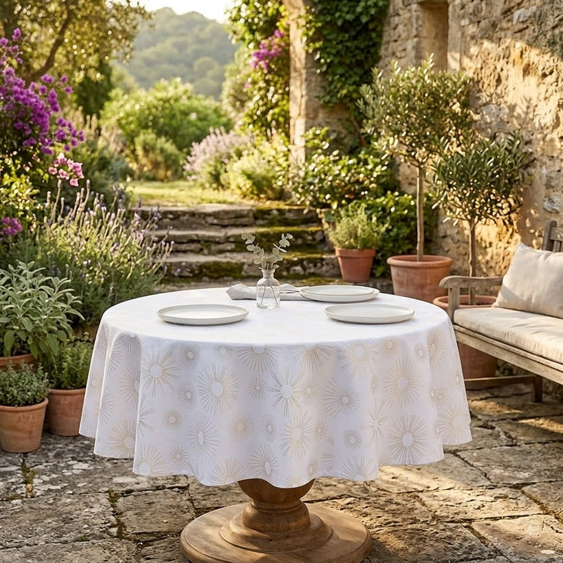 Nappe ronde 180 cm Pampille blanc et or Anti tache et Infroissable