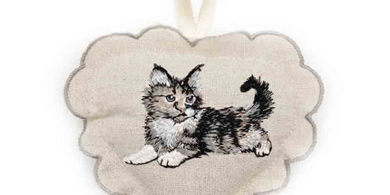 Sachet de lavande à suspendre en coton garni de lavande, brodé chaton, couleur lin, 12 × 12 cm