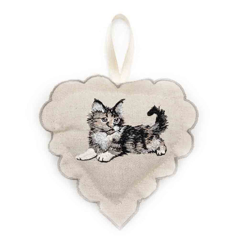 Sachet de lavande à suspendre en coton garni de lavande, brodé chaton, couleur lin, 12 × 12 cm