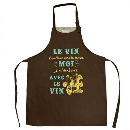 Tablier humoristique adulte en coton – Le vin s'améliore avec le temps, moi je m'améliore avec le vin