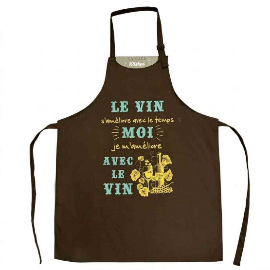 Tablier humoristique adulte en coton – Le vin s'améliore avec le temps, moi je m'améliore avec le vin